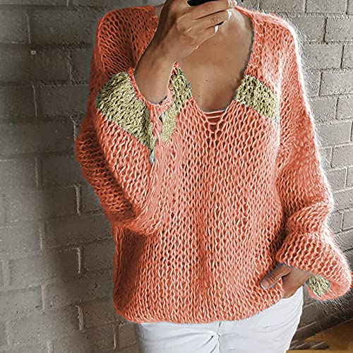 Fall Sweaters For Women,Womens Tops Fashion V-Neck Autumn New Knitted T-Shirt Long-Sleeve Ladies Sexy Hollow Print Blouses Pink #TOP1