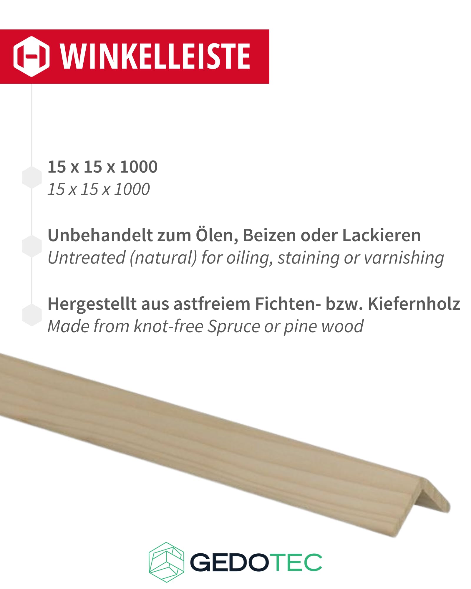Gedotec Listones de madera - Tablas de madera para construir listones angulares de madera de 100 cm | 10 unidades de 15 x 15 mm | Basic | perfil angular versátil y madera para manualidades de