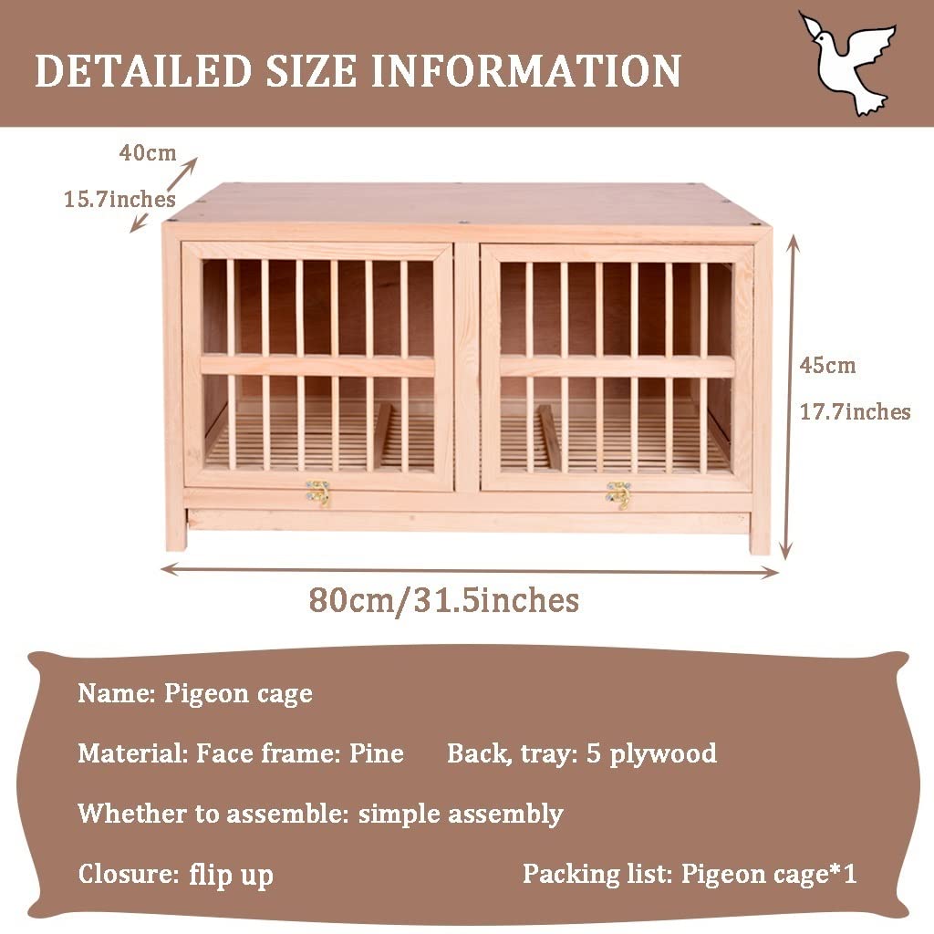 Jaula de Madera Resistente para Palomas con Bandeja extraíble para estiércol, transportín para Palomas mensajeras de fácil instalación, Disponible en Varios tamaños (Natural, 80 * 40 * 45 cm