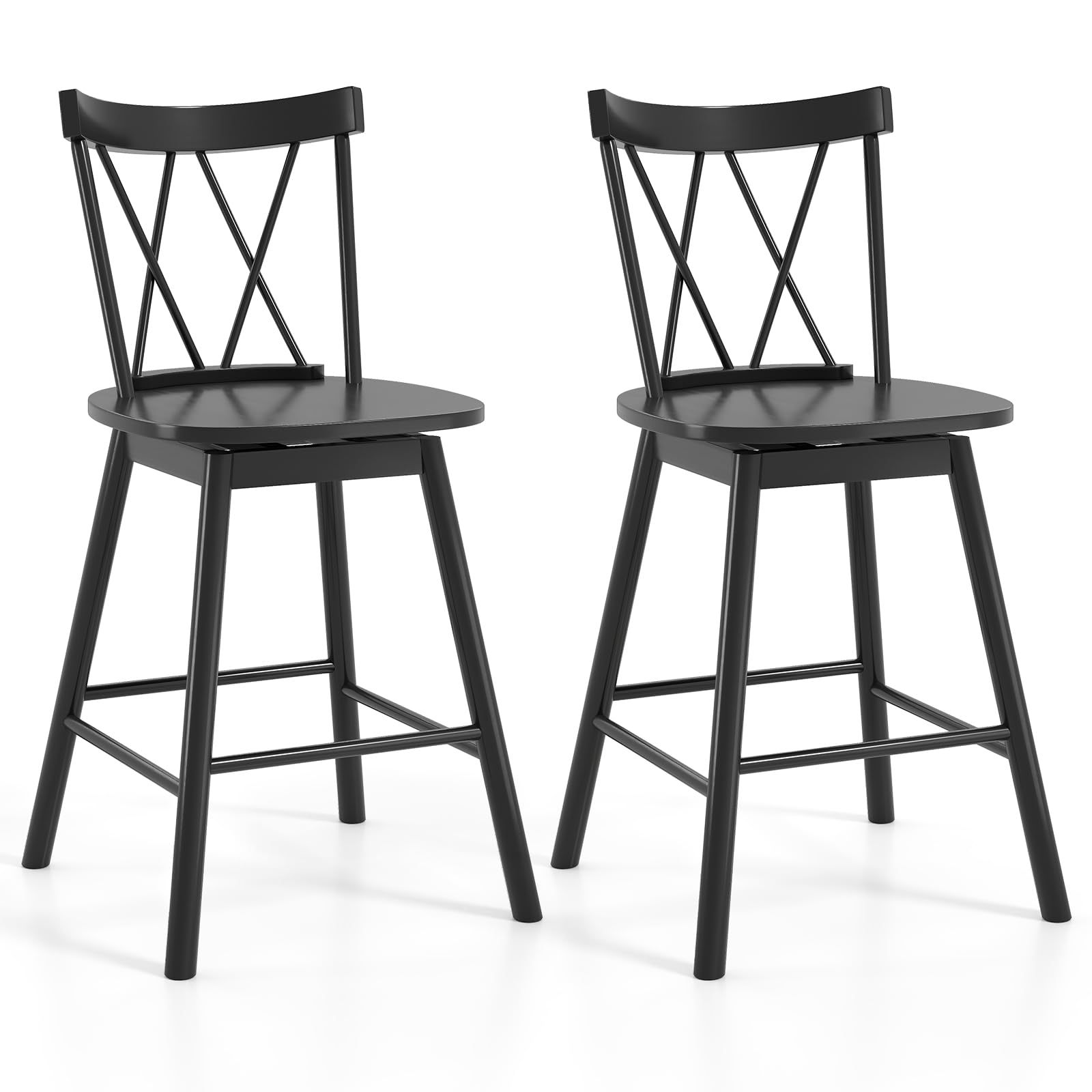 Giantex Windsor Bar Stools Set of 2, 24" Swivel Counter Height Bar Chairs with Cross Back, Footrests & Spacious Seat, Farmhouse Wood Barstools for