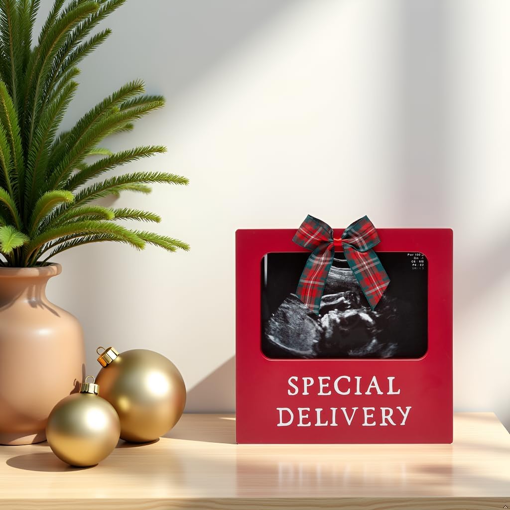 Special Delivery Christmas Sonogram Frame, Baby Ultrasound Photo Keepsake, Holiday Pregnancy Announcement Gift, For New and Expecting Parents, Red
