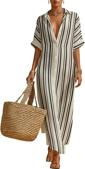 Women's Button Down Striped Maxi Dress Casual Loose Short Sleeve Cotton Summer Beach Shirt Dresses Medium, Black