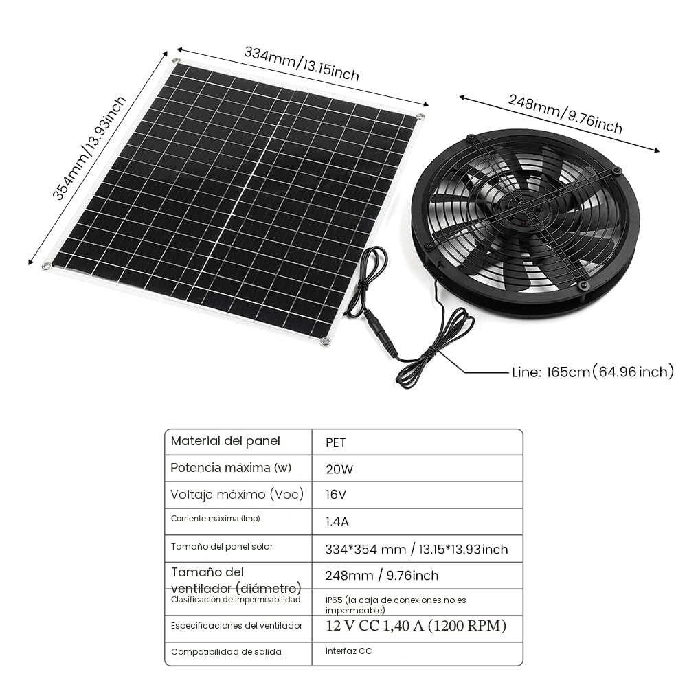 Ventilador Solar Soplador, 20 W, Resistente a la Intemperie, con Ventilador de CC para Gallineros, Invernaderos, Cobertizos, Casas de Mascotas, Escape