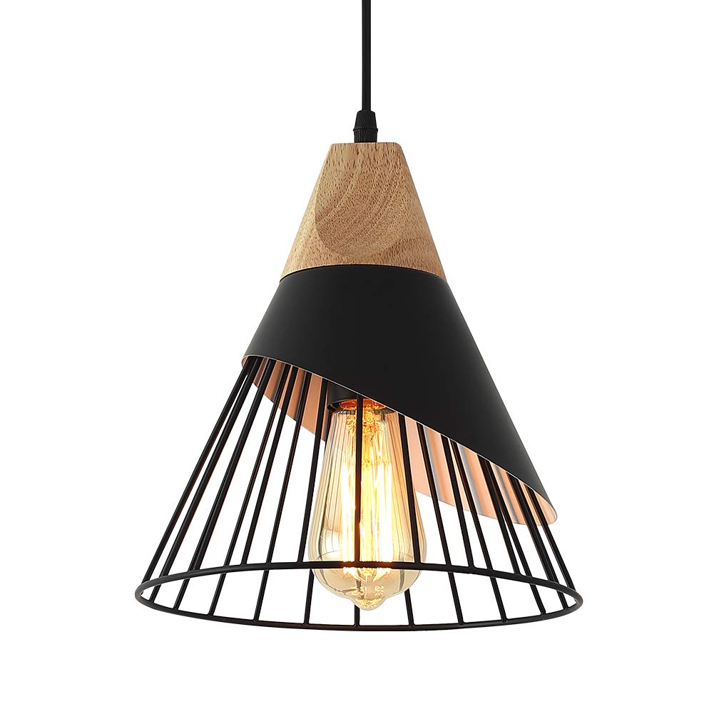 MAXDUYU 2 piezas Lámpara Colgante Vintage de Metal, Lámpara de Techo Negra para Interior, Luz Retro de madera E27 para Cocina,Sala,Comedor,Dormitorio,26cm