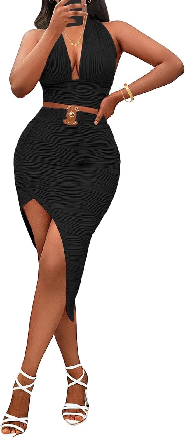 Adogirl Women Two Piece Skirt Outfits Sexy Halter V Neck Backless Crop Top Bodycon Irregular Skirt Set Night Out Dresses