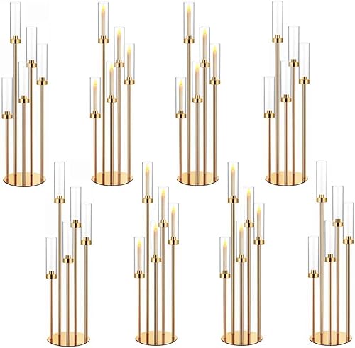 Juego de 8 candelabros dorados de 35 pulgadas para mesas, candelabros, centros de mesa de boda, decoración de mesa, pantalla acrílica para velas LED