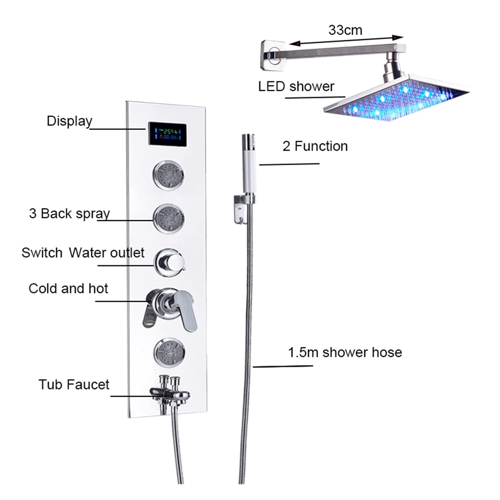 Paneles de Ducha, Panel de ducha LED refinado y cabezal Combinación libre Grifo cromado montado en la pared baño 4 funciones(Type a 12 inch)
