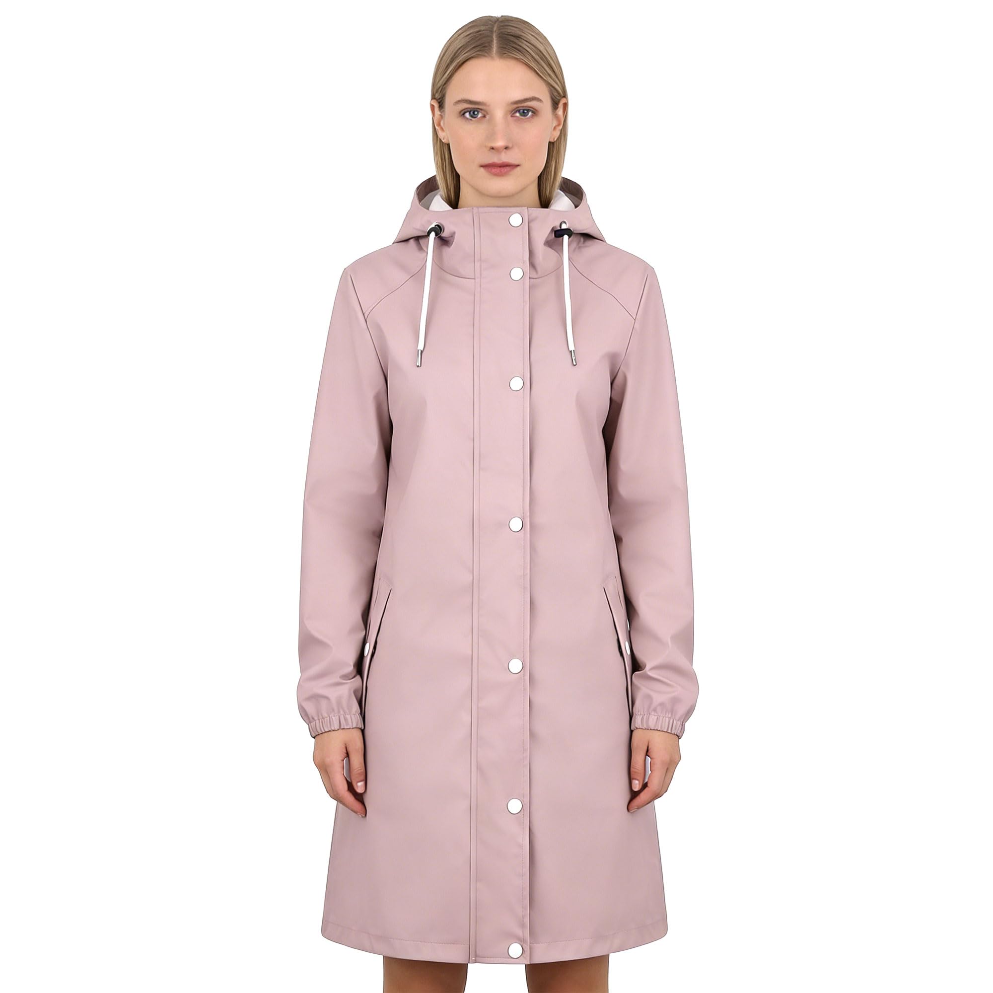 rhythm of the rain Regenmantel Damen Wasserdicht, Halblanger Übergangsjacke Friesennerz, Wasserdichte PU Regenjacke mit Kapuze, Leicht für Outdoor