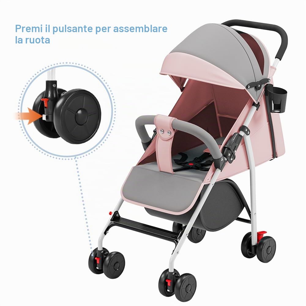 Passeggino a canna compatto, con posizione allungata, dalla nascita a 4 anni (fino a 25 kg), divano, con zanzariera, portabicchieri, rosa