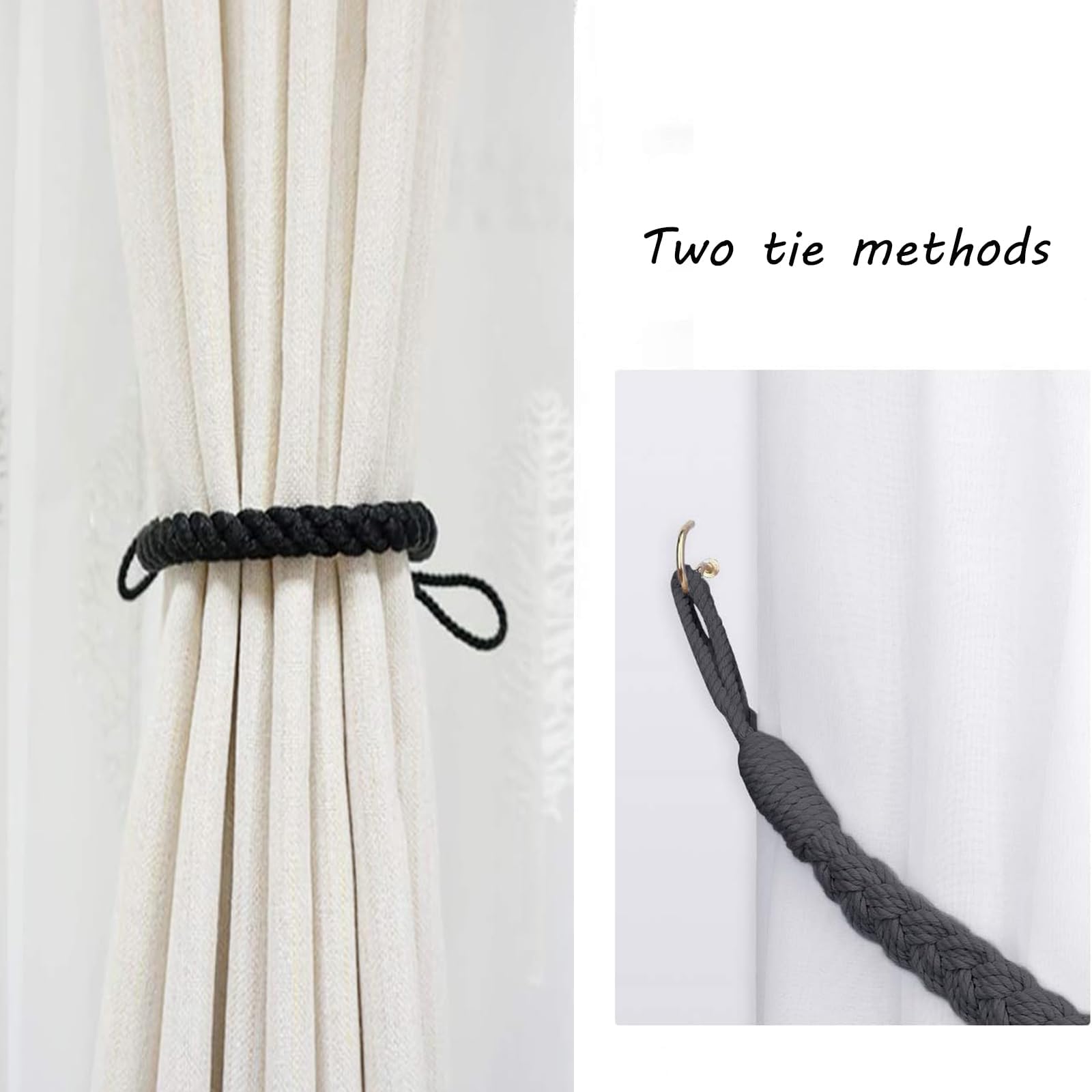 Exquisite Black Curtain Tie Backs - 2 Pcs With 2 Hooks, Hand Woven for Home Hotel, Office, Cafe - Image 4