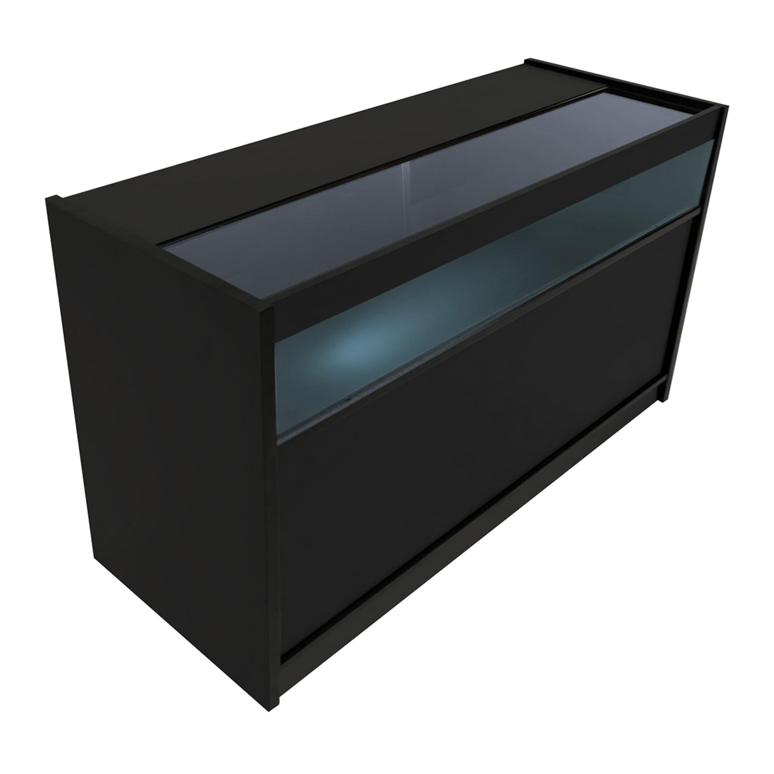 Black Shop Counter Set Europa LED Light B1500 C1500 LM60 TB60 150 cm 60 cm W Zamykane drzwi przesuwne Klucze Retail Storage Units Till Block Glass Display Gablota Szafka Narożna Odzież Biżuteria Półki