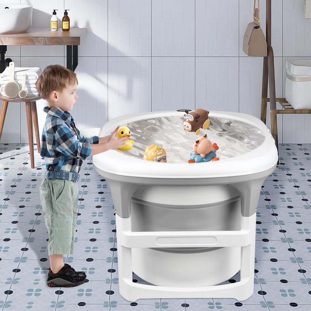Große faltbare Badewanne für Babys bis 18 kg, XXL-Babydusche, rutschfeste Füße, Ablaufstopfen, Kapazität 200 l (grau, rund, 67 x 67 x 61 cm)
