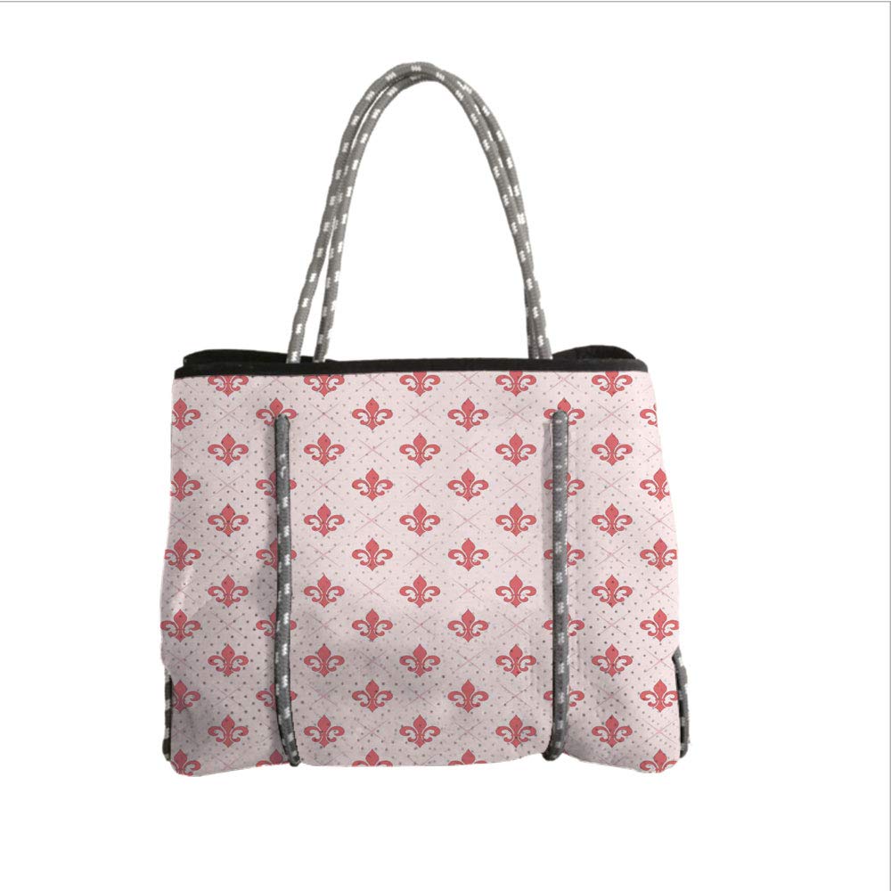 iPrint Neoprene Multipurpose Beach Bag Tote Bags,Coral,Checkered Pattern with Ancient Symbol of Fleur De Lis Royal French Lily Flower,Coral Baby Pink,Women Casual Handbag Tote Bags