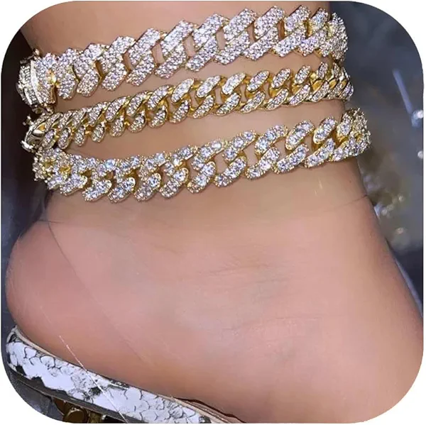 Jacruces 14K Gold Plated Ankle Bracelets for Women Cuban Link Anklets Plus Size Silver Ankle Bracelet Layered Link Anklet Set Rhinestone Bling Anklets Silver Jewelry for Women Gift Set