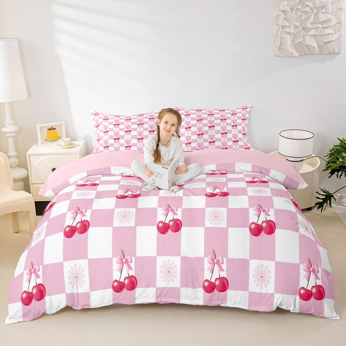 Housse de couette à motif de cerises et nœud mignon avec ses taies assorties