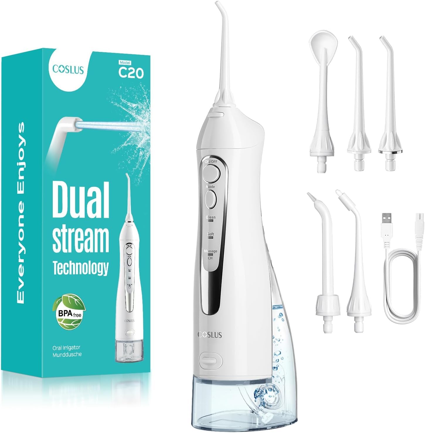 COSLUS C20 Irrigador Bucal Portatil Flosser: 300ML Irrigador Dental Inalámbrico de Riego para Limpieza Dental Doble chorro de agua IPX7 Impermeable Limpieza Diente Para Hogar baño Viajes Luz Blanco