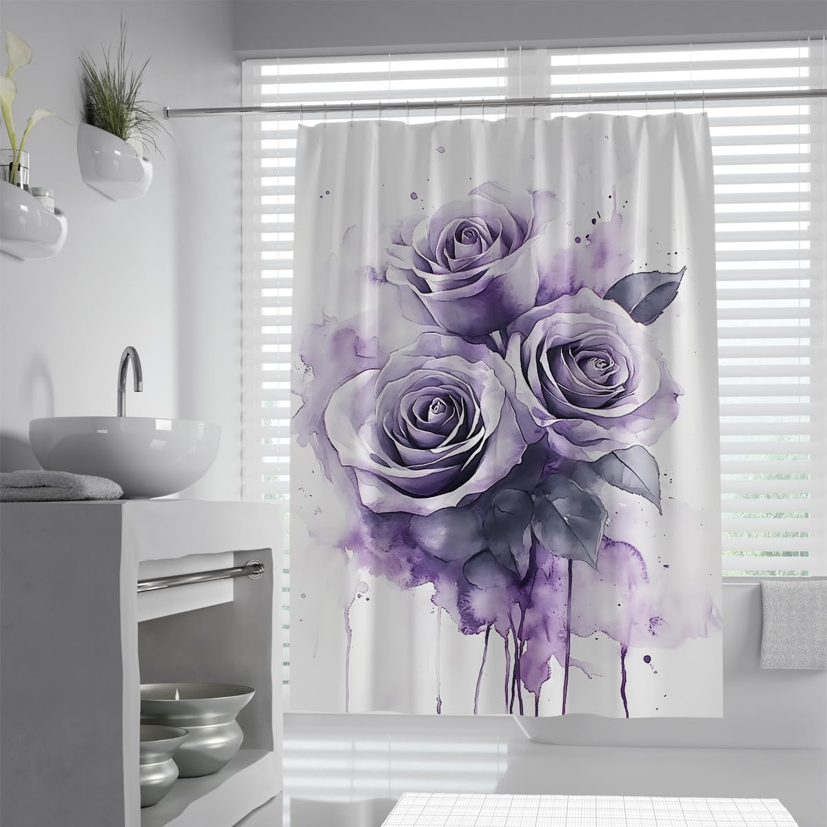 UIRINGART Modern Lilac Rose Bouquet Floral Shower Curtain W120xL200cm Abstract Purple Ink Flower Fabric Water Repellent Anti Mould Bathroom Curtain For Tub