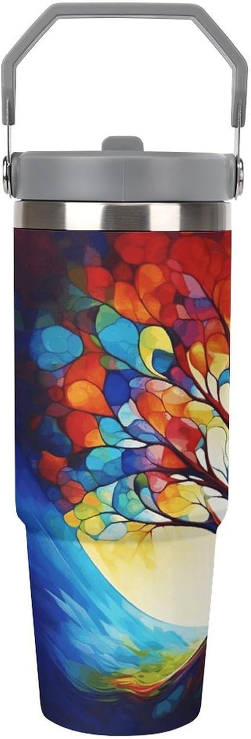 Colorful Tree of Life Water Bottle 30 Oz Fits Car Cup Holder,Insulated Coffee Mug Large Capacity Car Cups,Stainless Steel Double Wall Sport Bottle for Travel Sports Gym