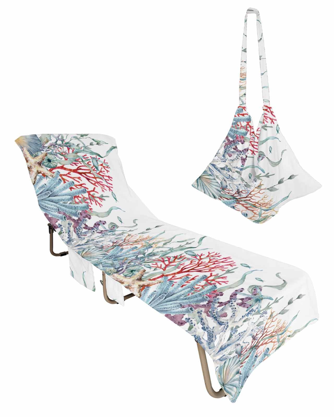 Nautiacal Coastal Coral Beach Lounge Chair Towel Cover, Soft Chaise Lounge Towel with Side Pockets Patio Pool Chairs Cover for Beach/Pool Sunbathing 29x85 Beach Shell Starfish Nautical Sea