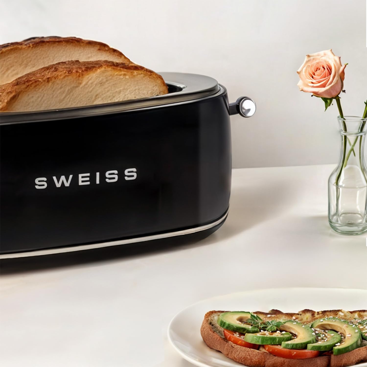 SWEISS Tostador GRV9 vintage, 2 ranuras, 6 niveles de potencia, Descongelación, Baguettes, Rápido y uniforme, Fácil limpieza, Bandeja recogemigas, Negro, 1500 W