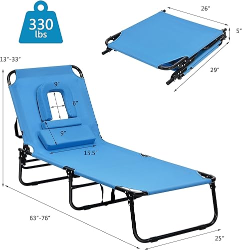 Miniatura 3 de Sillón plegable de playa con 5 respaldos ajustables y almohada acolchada, tumbona para tomar el sol, silla plana de bronceado para cubierta de