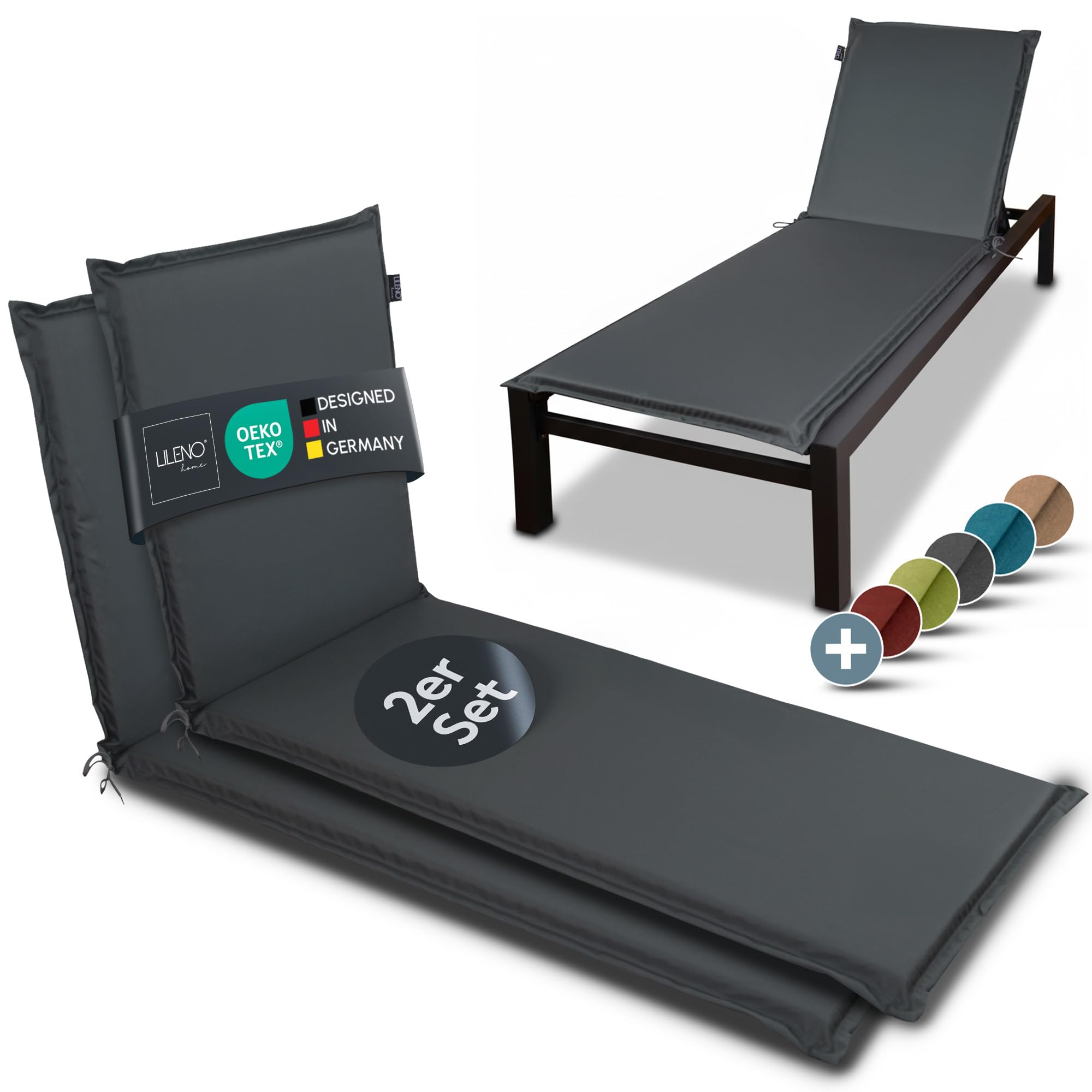 LILENO HOME Anthrazit Gartenliegen Auflage als 2er Set - Rollliege (188x60x5cm) MIA