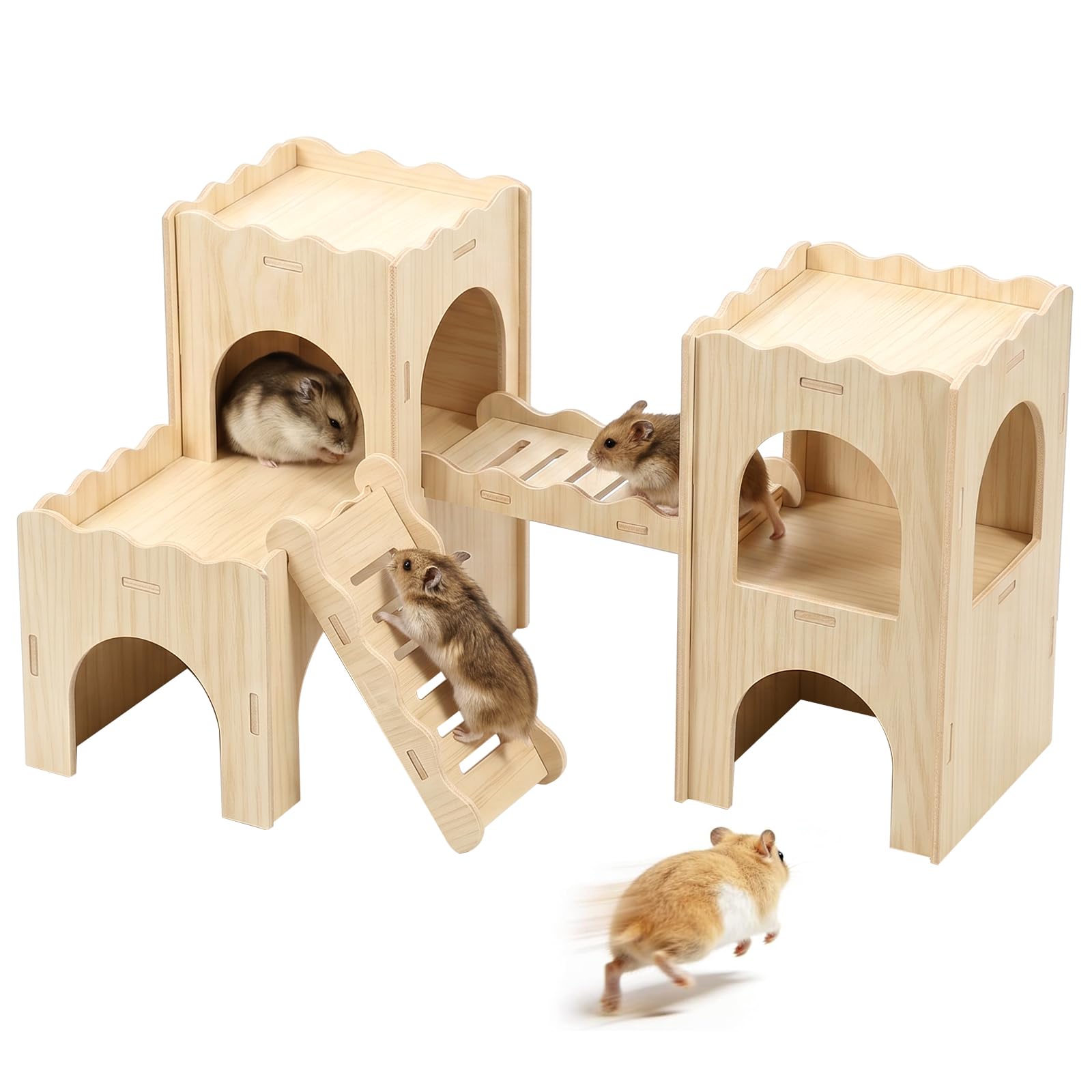 Kuanght Large Hamster Hideout, Wooden Hamster Houses, Double-Decker Hamsters Hut Castle with Climbing Ladder, Multifunctional Hamsters Playground for Gerbils, Hedgehogs, Rats and Mice