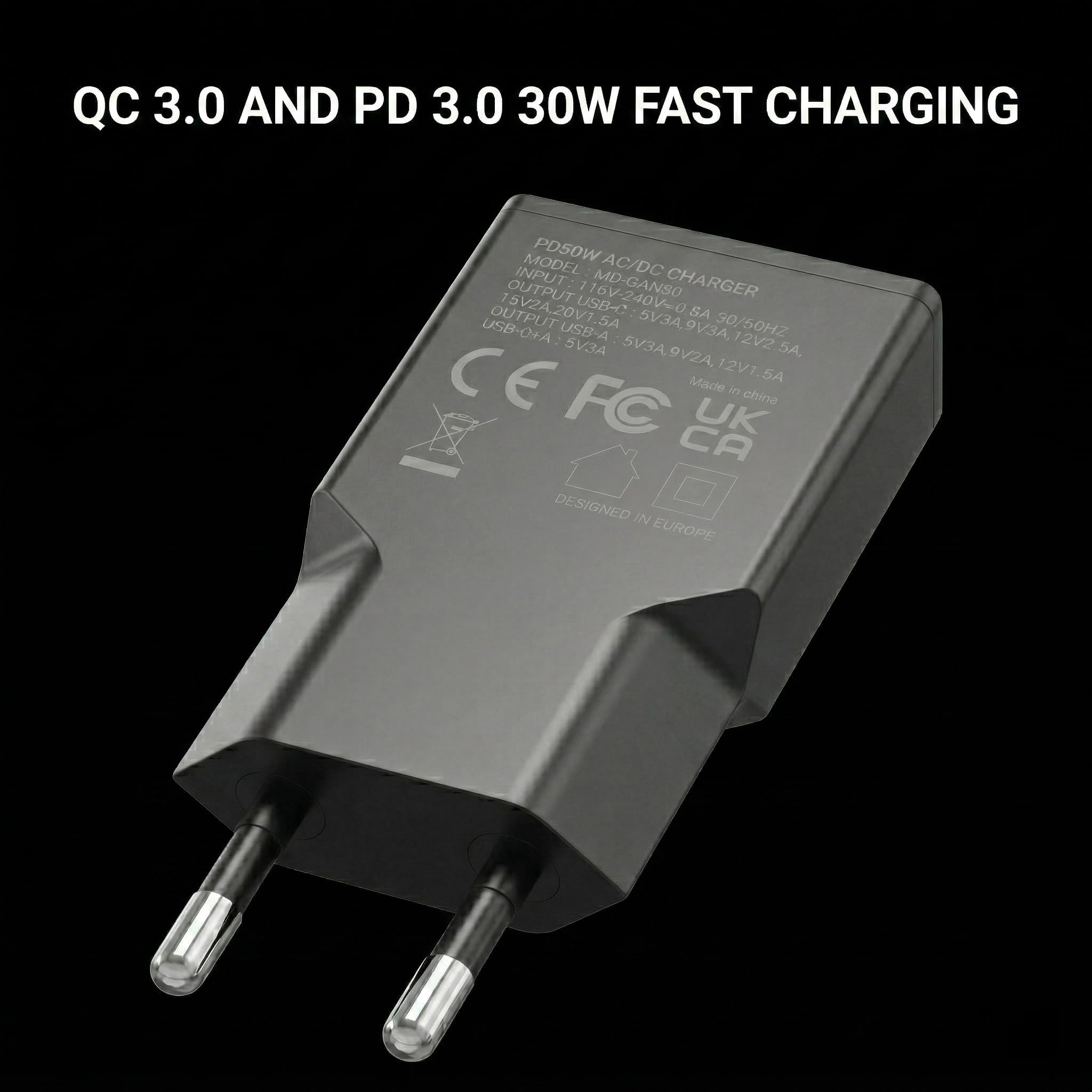 Mars Gaming MD-GAN30, Ładowarka USB 30W, Szybkie ładowanie PD 3.0 i QC 3.0, Technologia GaN, Ultrakompaktowy i Lekki Format, 9 Zabezpieczeń, Port USB-C i USB-A, Wtyczka Europejska Typu C, Czarny