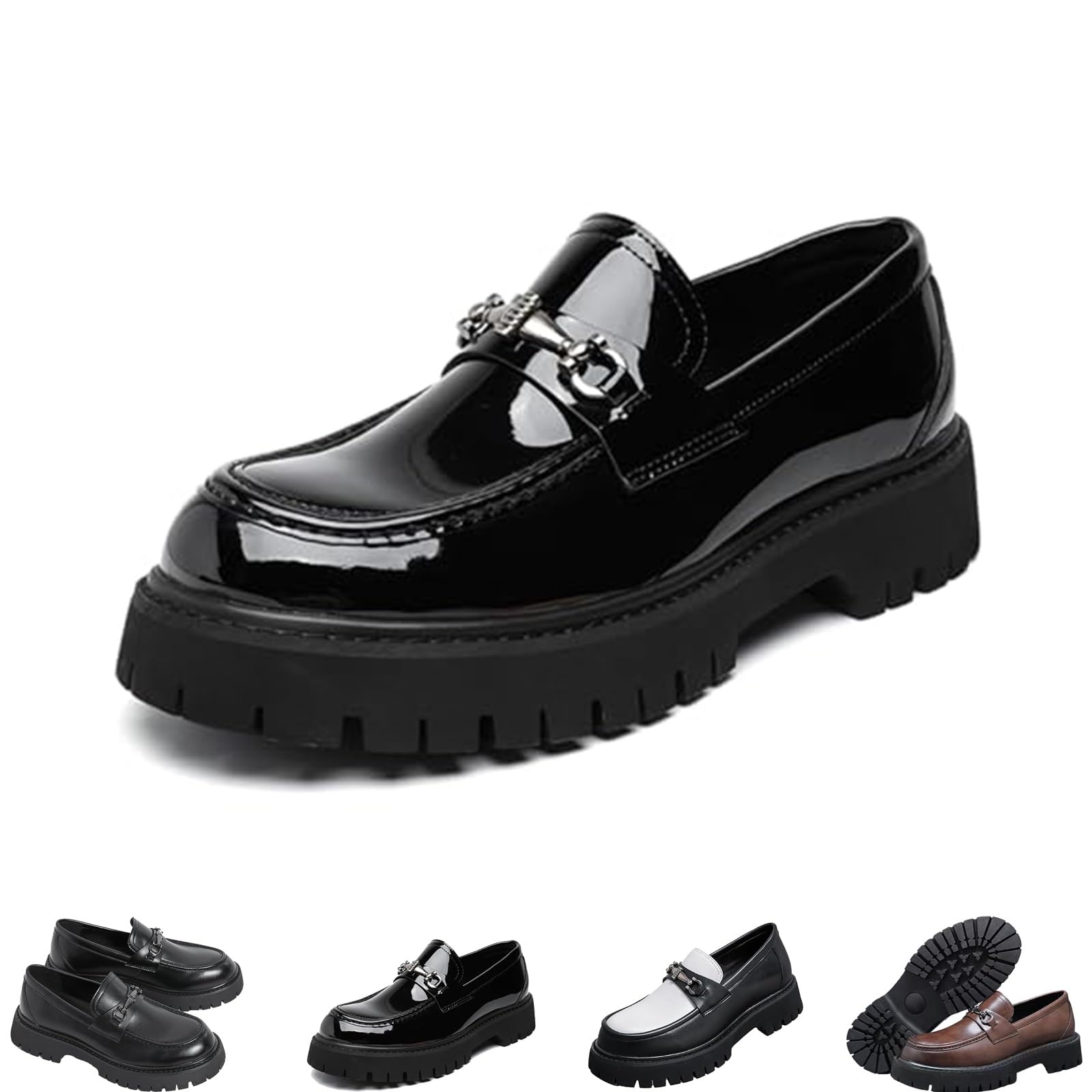 Mocassins à Plateforme en Cuir Verni for Hommes, Chaussures habillées Confortables à Semelle antidérapante, Mocassins à Mors et Bout Rond