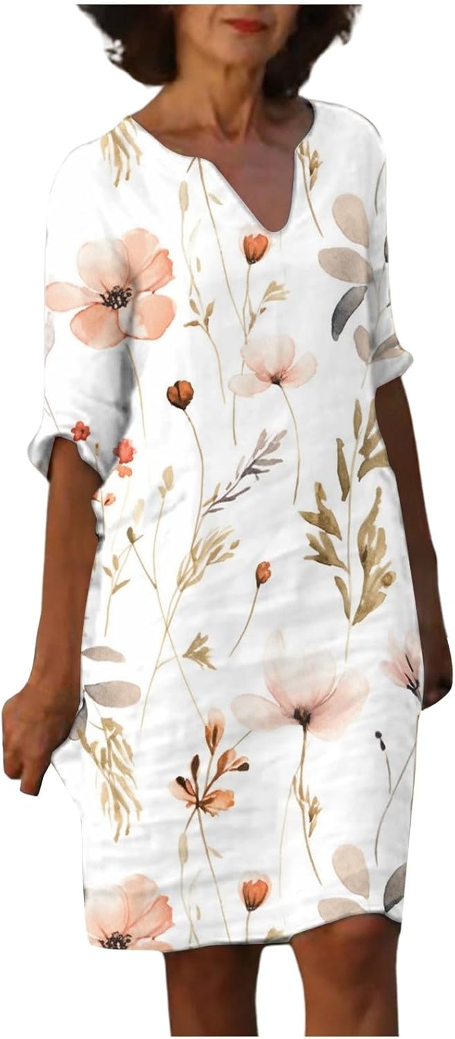 Robe chemise en lin pour femme, robe d'?�t?� d?�contract?�e ?� col en V, manches 3/4, robe trap?�ze 