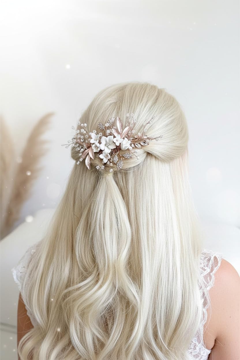 Haarkamm Damen Hochzeit – 3D Blüten Haarschmuck in Roségold Gold oder Silber – Handgefertigter Brautschmuck Haarranke für Kommunion Jugendweihe & festliche Anlässe
