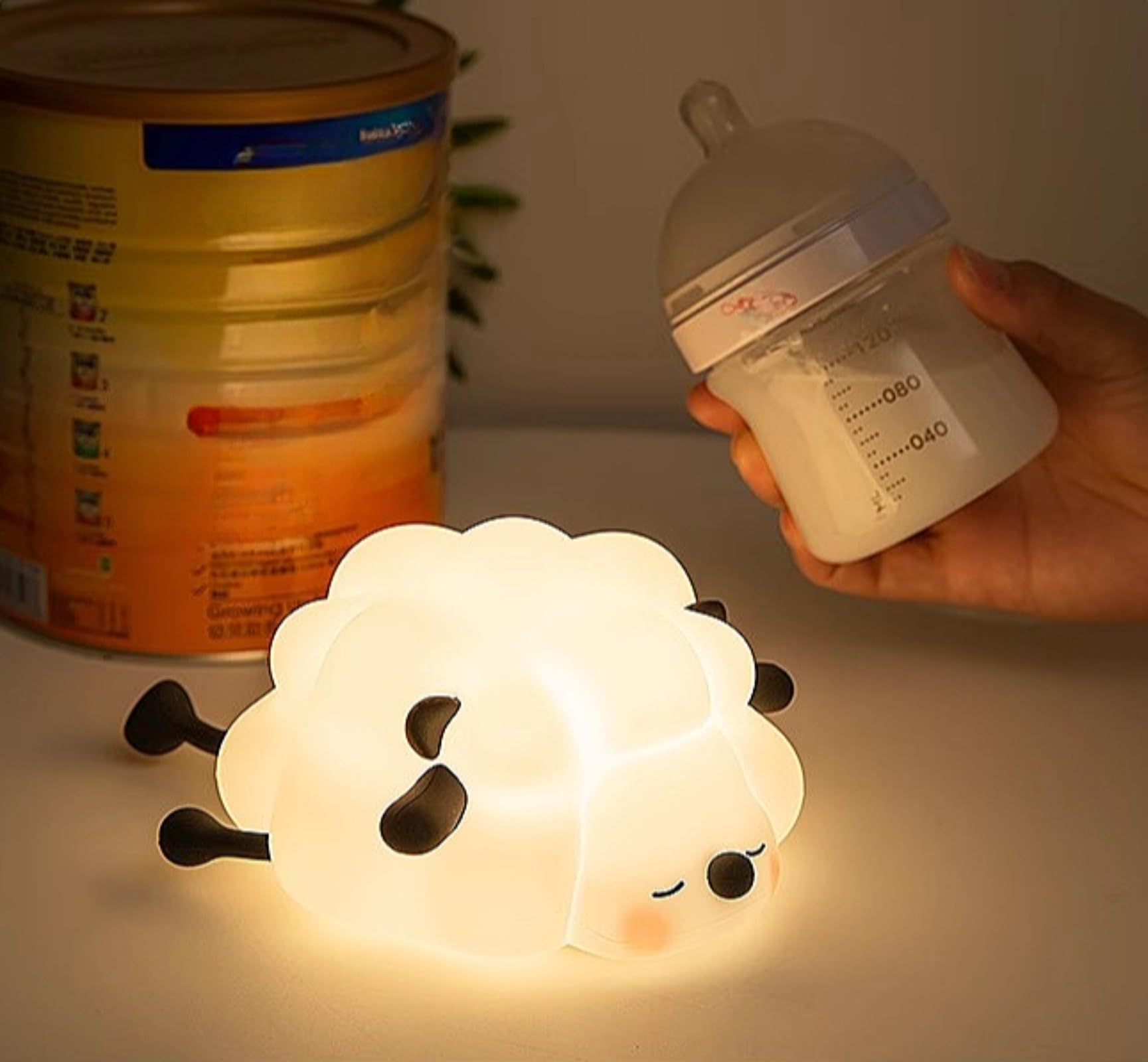 Cute Kids Night Ligh Sheep Shape Tapping Induction, Time Off Light, Phone Stand, Soft Silicone Night Light for Baby Nursery (Black)