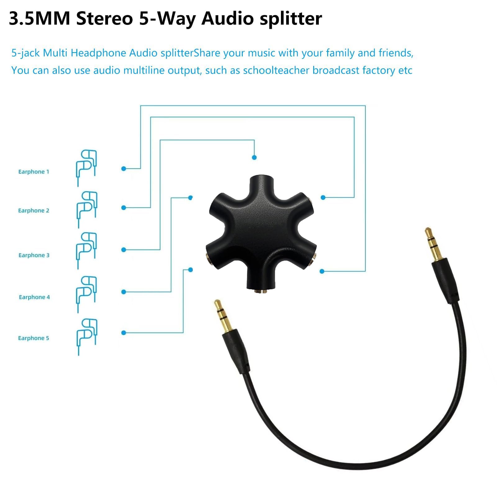 Divisor de audio hembra de 5 puertos de 3,5 mm, adaptador de conector de auriculares de 5 vías para auriculares 【Paquete de 5】