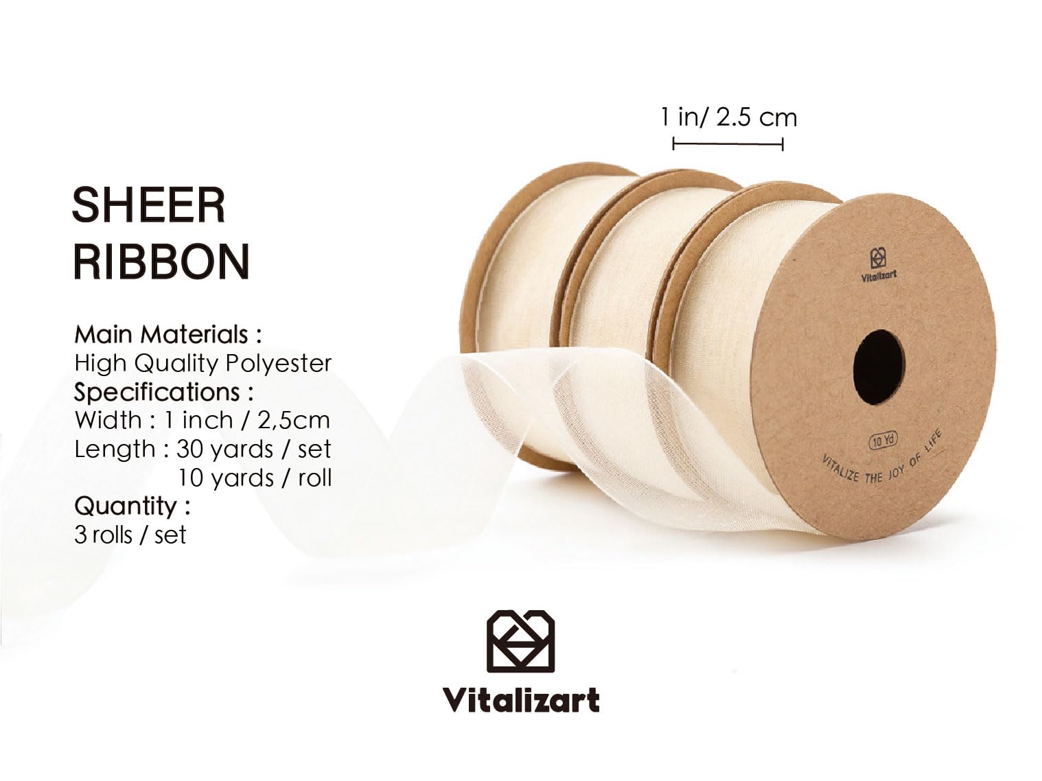 Vitalizart Ivory Cream Ribbon Organza Sheer Ribbon 1 inch x 30Yd Handmade Fabric Ribbons for Gift Wrapping Christmas Tree Crafts Bows Wedding Invitations Wreaths Wrap