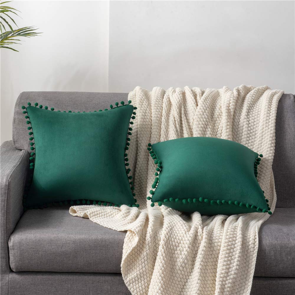 DEZENE Decorative Pillow Covers 20x20 Green: 2 Pack Cozy Soft Pom-poms Velvet Square Throw Pillow Cases for Farmhouse Home Decor