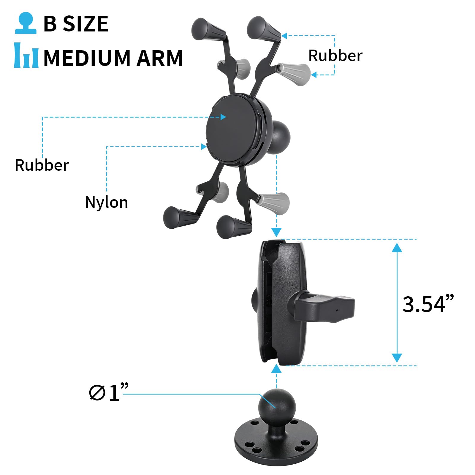 Strg Support de téléphone avec base ronde percée avec bras double douille à boule de 2,5 cm, compatible avec tous les téléphones de moto, vélo, guidon, support de téléphone