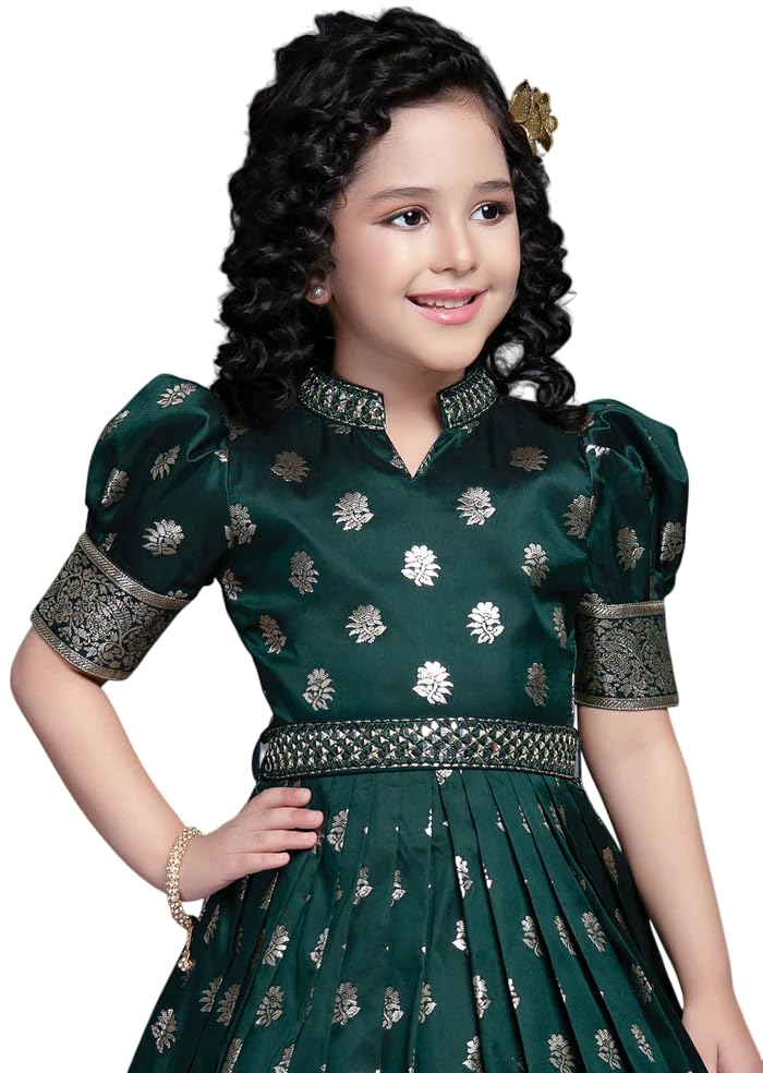 Image of White Button Girls Banaras Weaving Simar Jacquard Gown | Royal Ethnic Long Maxi Dress