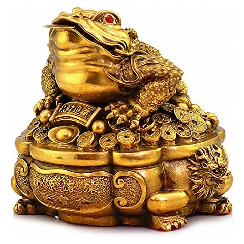 BOYULL Large Size Brass Thriving Business Feng Shui Money Frog(Three Legged Wealth Frog or Money Toad) with Treasure Basin Statue, Attract Wealth and Good Luck,Feng Shui Décor Cover
