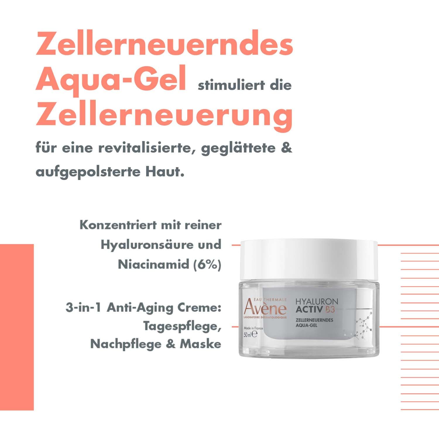 AVÈNE Hyaluron Activ B3 - Zellerneuerndes Aqua-Gel - Vegan - 50 ml | Aufpolsternd & sichtbar straffend - Reduziert Falten - reiner Hyaluronsäure - 91% natürliche Inhaltsstoffe - Alternde Haut