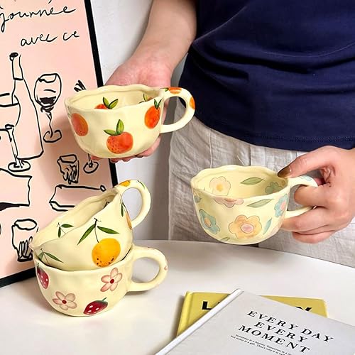 Miniatura 4 de 4 tazas de café de cerámica de 8.5 onzas, lindas tazas de café florales retro con asa y cuchara, taza de arte con leche irregular, regalo para el