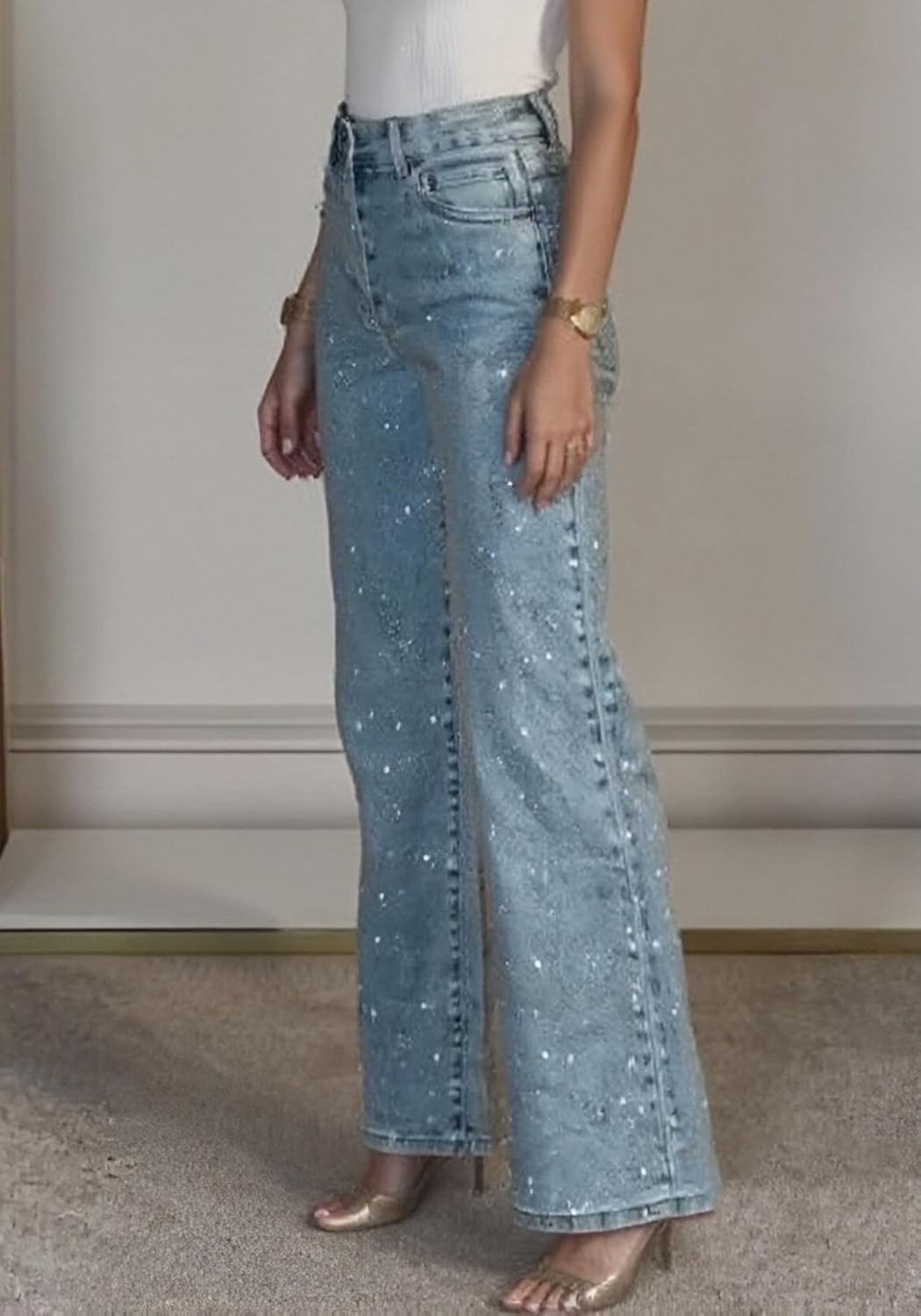 LKOUS Women's Y2K Rhinestones Jeans High Elastic Waisted Straight Wide Leg Casual Sparkly Denim Pants with Pockets
