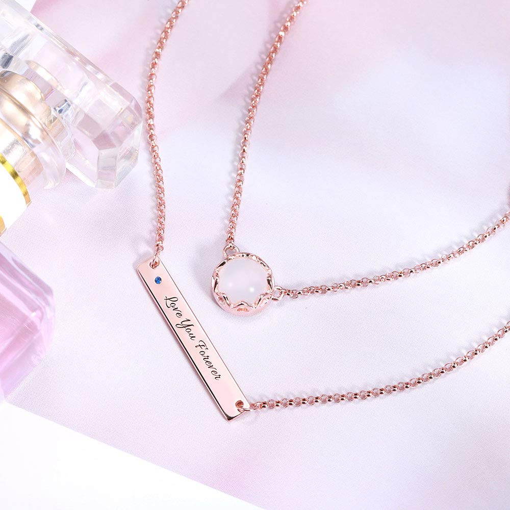 Collar de barra minimalista de doble capa con piedra lunar, chapado en platino/oro/oro rosa, plata de ley 925 para mujer