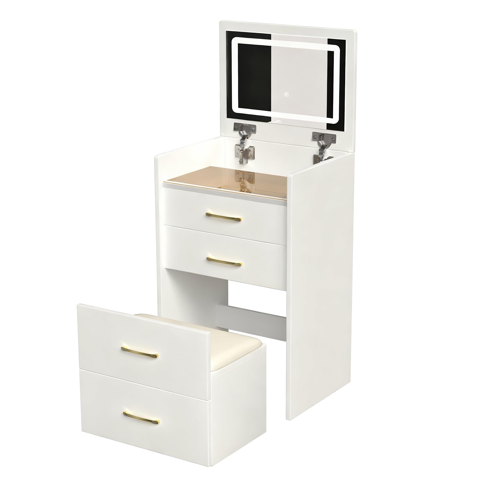 Kleiner Schminktisch mit Spiegel, Hocker, Glasplatte & 3 Schubladen, 60 cm