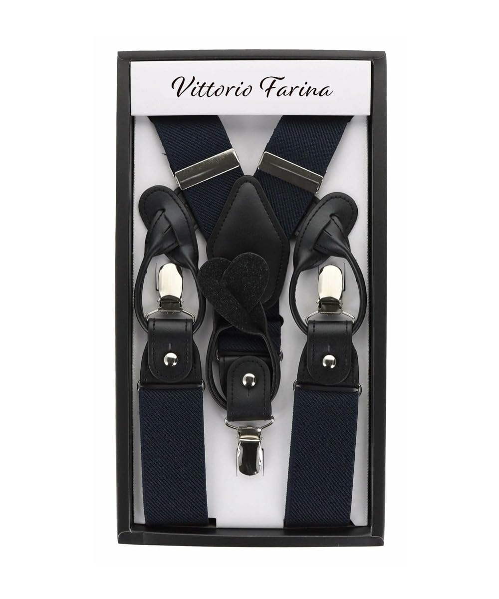 Vittorio Farina Convertible Suspenders - Interchangeable Clip & Button Styles (Dark Navy/Silver)
