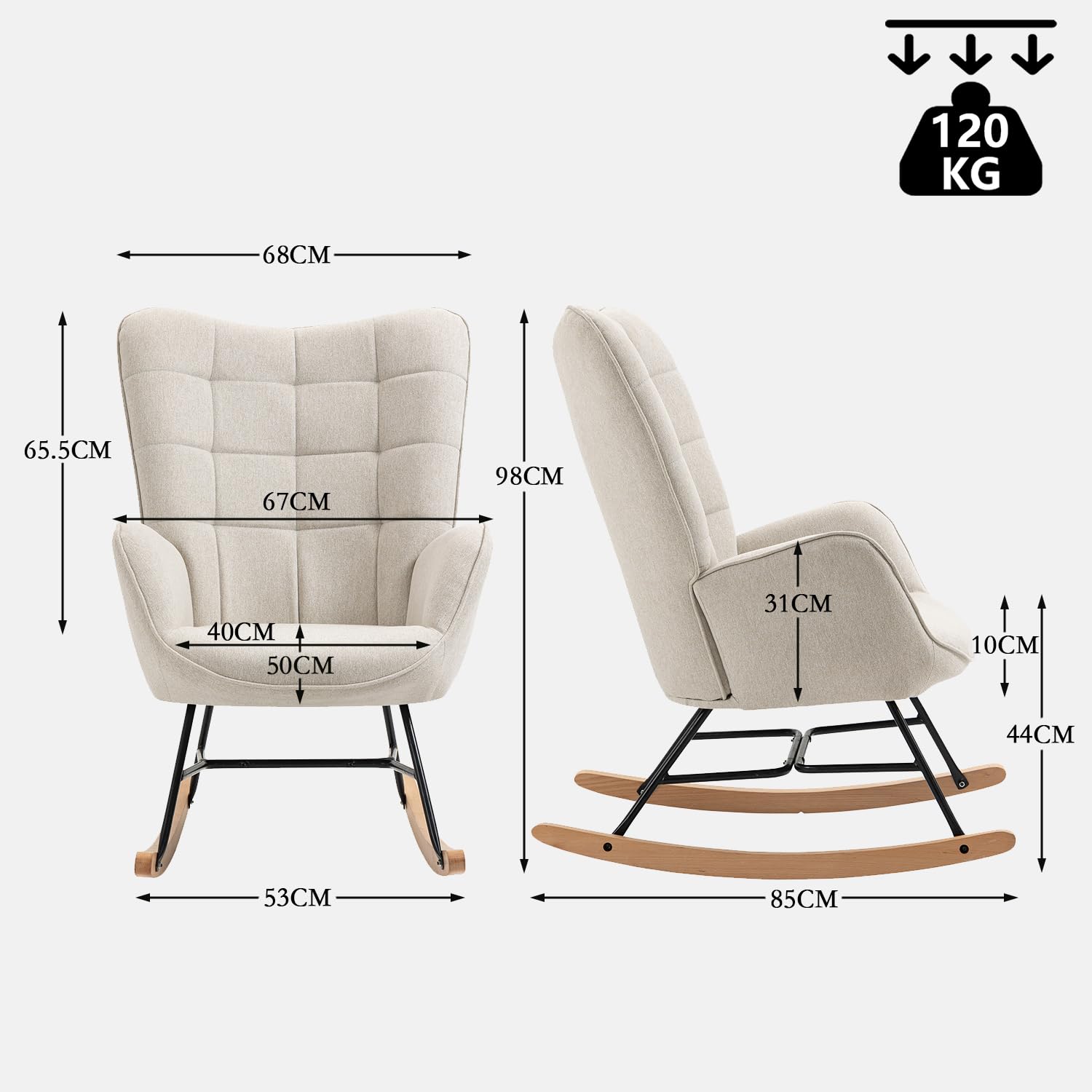 MEUBLE COSY Fauteuil à Bascule Allaitement Scandinave Chaise Loisir et Repos en Tissu avec Pieds en E' Bois Métal pour Salon, Chambre, Massif, Beige, 66x84x97cm