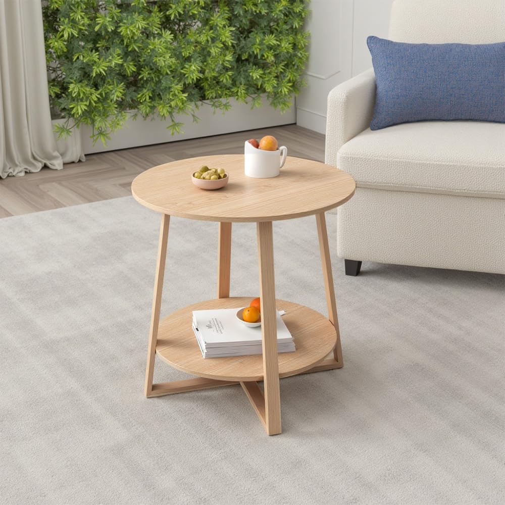 Warmiehomy Side Table Small Round Table 2 Tier Storage 60x60x60cm,Wood