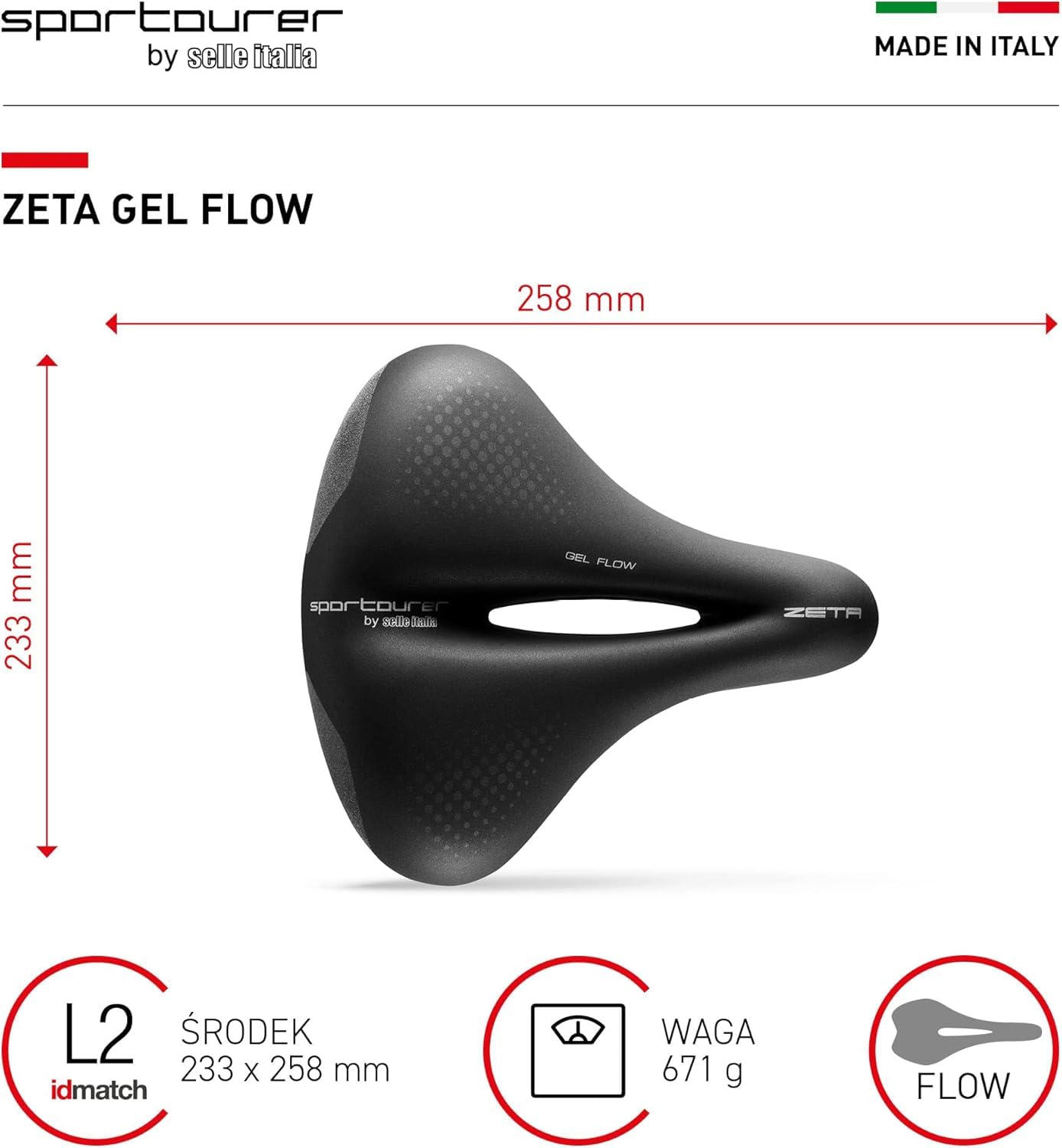 Sportourer by Selle Italia ZETA Comfort Gel Flow – Siodełko Miejskie, Żelowe, Ergonomiczne, Hi-Viz, Wodoodporne – Czarny