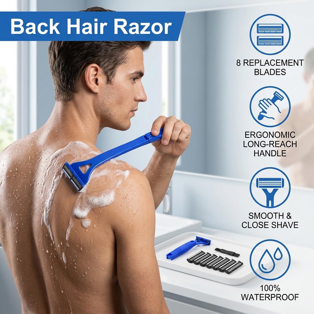 Back Shaver for Men Foldable Long Handle Mens Back Shaver Triple Blade Razor for Back Chest Body Hair Removal Wet Dry Grooming Ergonomic Non Slip Grip Includes 8 Replacement Blades