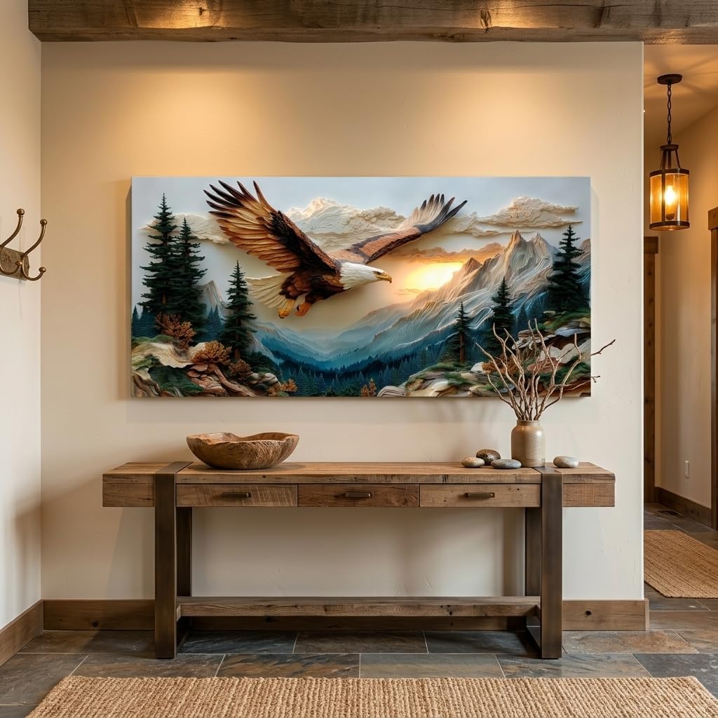 ZESTRILIA Bald Eagle Canvas Wall Art for Living Room Office Mountain Forest Wildlife Landscape Artwork Living Room Family Room Bedroom Décor (40x20 Inches)