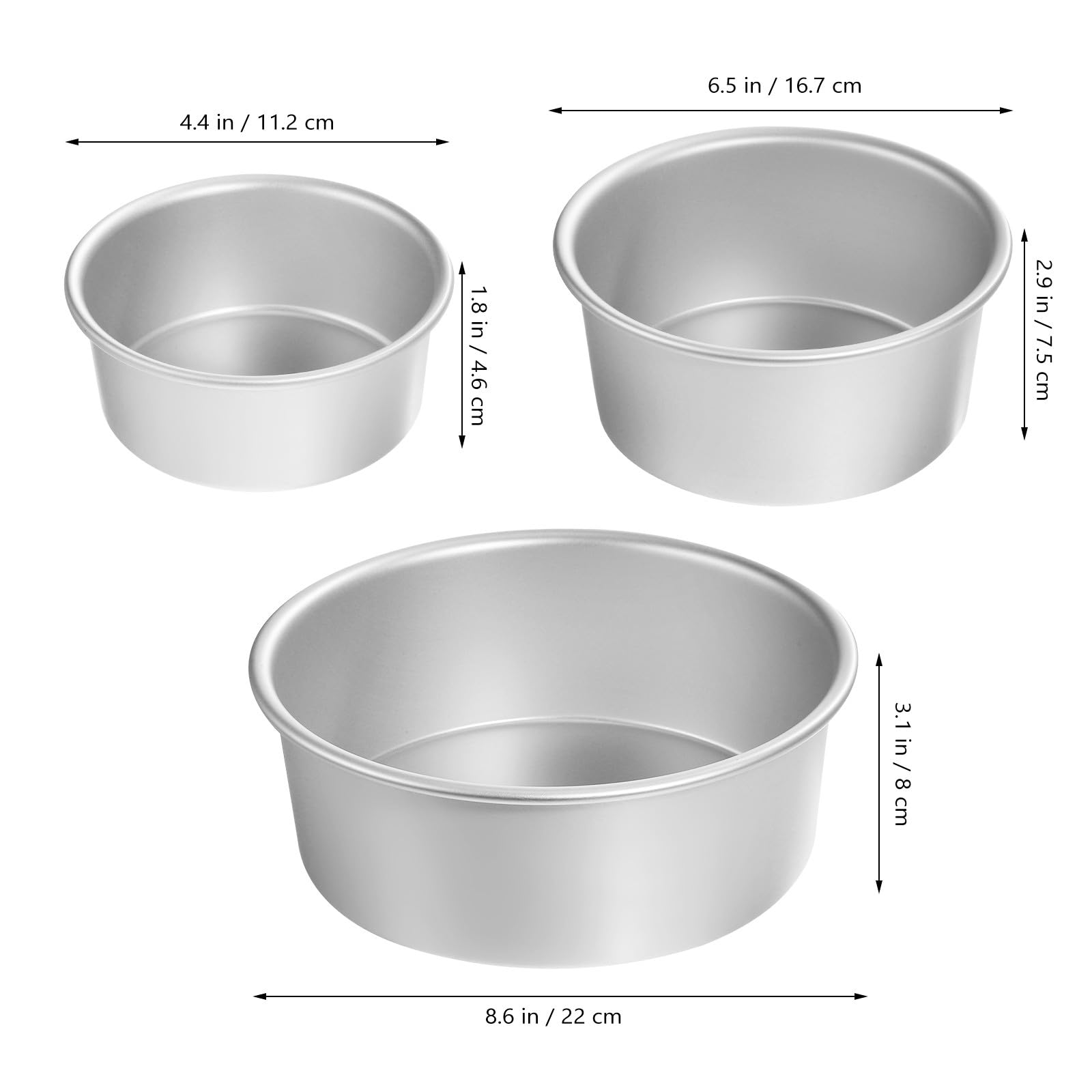 Housoutil Juego de 3 Moldes Redondos para Pasteles Base Fija Aluminio Alimentario Tamaños 10 CM 15 CM y 20 CM Antiadherentes para Hornear Utensilios de Repostería Hogar